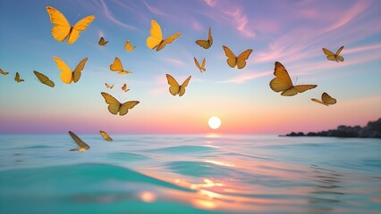 Obraz premium Butterflies soaring over the ocean at sunset, creating a magical atmosphere