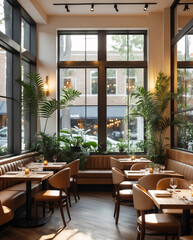 Fototapeta premium bright daylight interior design with wooden table tropical plant decor and cozy cafe restaurant layout wide window interior design wallpaper background