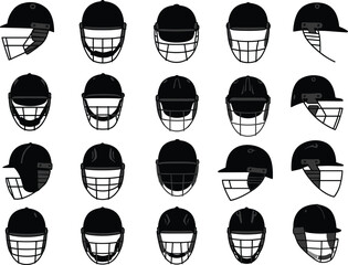 A Set of Black and White Vector Illustrations of Cricket Helmets in Various Angles, Ideal for Sports Safety and Cricket Equipment Graphics
.