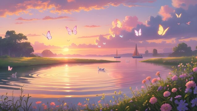 A serene sunset over a tranquil lake with butterflies and sailboats