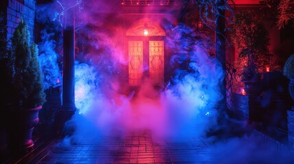 Mysterious Foggy Entrance With Atmospheric Neon Lighting Effects