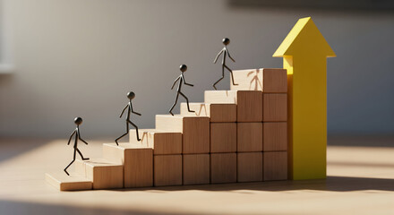 Figures ascend wooden stairs towards upward arrow symbolizing business growth and success