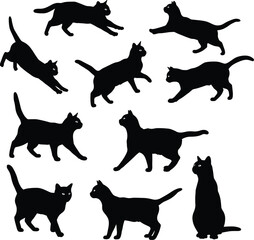 Silhouette vector collection of black cats in various poses, from sitting to running, ideal for pet themes, animal illustrations, and graphic design.