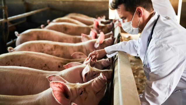 Man in a white lab coat is feeding pigs