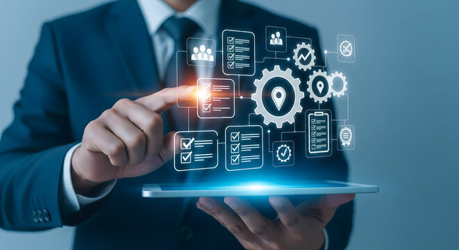 Businessman interacting with digital workflow diagram on tablet optimizing business processes and project management