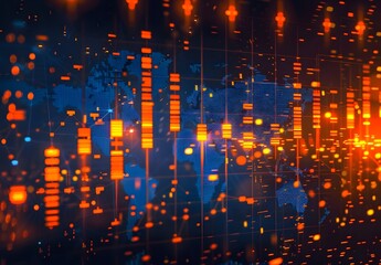 Digital stock market chart with a global map and financial graphs, glowing lights on the background, stock photography,