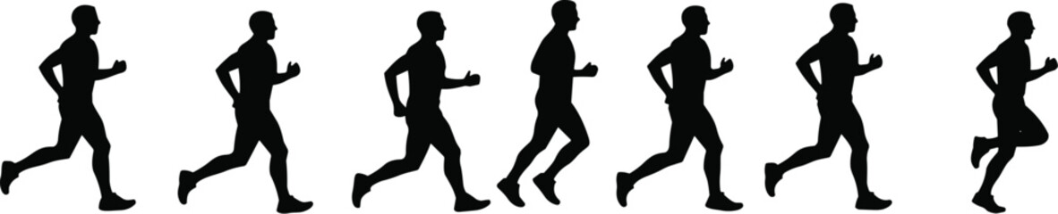 Seven silhouette vectors of men running, capturing various stages of motion, perfect for depicting fitness, marathon, and athletic activities.
