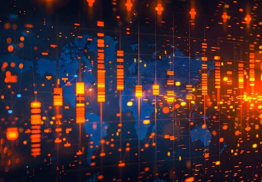Digital stock market chart with a global map and financial graphs, glowing lights on the background, stock photography, - Powered by Adobe