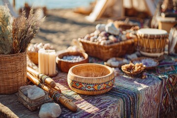 Vibrant Artisan Market Display with Wooden Bowls, Natural Decor, Shells, Candles, and Rustic Textiles at a Beachside Setting Under a Clear Sky