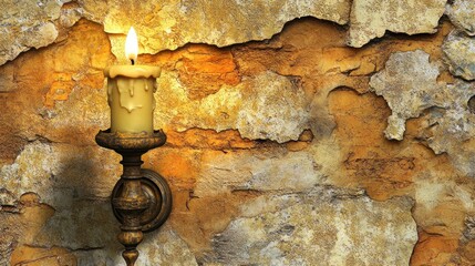 Illuminating antiquity: A weathered wall, adorned by a solitary, flickering candle, creating a