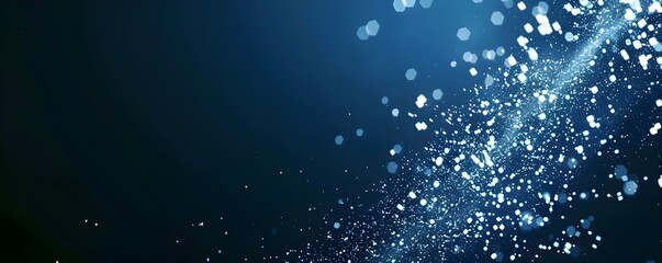 
Digital particles of light and pixelated squares floating on a blue background