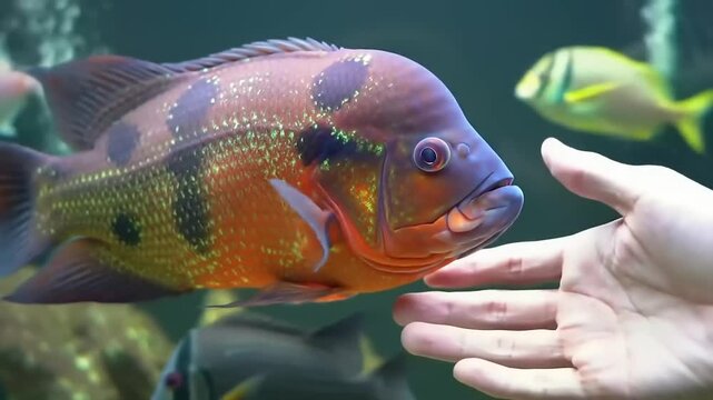 Fish aquarium hand interaction