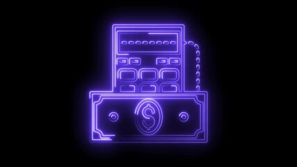 Cash register and dollar bill glowing purple neon animation on black background - Powered by Adobe