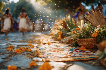 Vibrant Celebration of Cultural Heritage with Floral Arrangements and Traditional Attire in a Festive Atmosphere During Daylight Hours