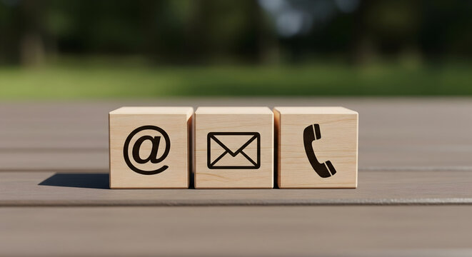Wooden cubes display contact icons email phone and at symbol perfect for business communication