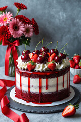 red velvet cake dessert styled for birthday with cherry strawberry toppings and floral decor in pink red vintage background theme birthday wallpaper background