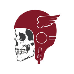 Skull wearing vintage motorcycle helmet with wings for biker and rocker style vector