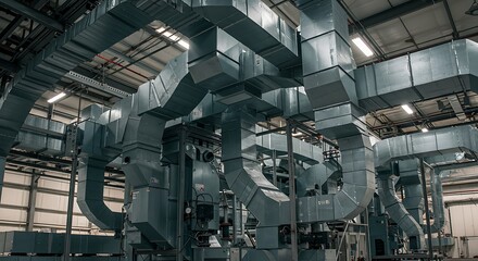 A complex labyrinth of industrial air ducts for the ventilation and climate control system inside a modern factory