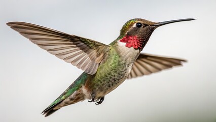 Fototapeta premium Close up of a broad tailed hummingbird in flight against a bright white background photo