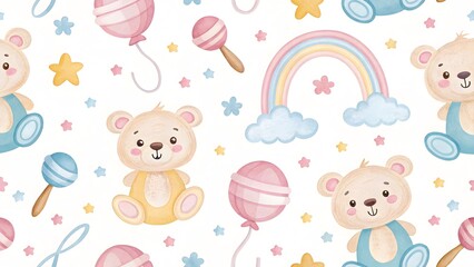 Fototapeta premium Cute Bear Pattern with Balloons and Rainbows for Children's Decor