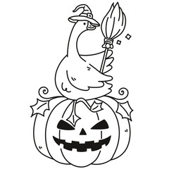 Goose in Witch Hat on Halloween Pumpkin Line Illustration for Coloring Page