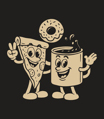  Retro Pizza, Coffee and Donut Mascots – Vintage Cartoon Food Friends Vector Illustration