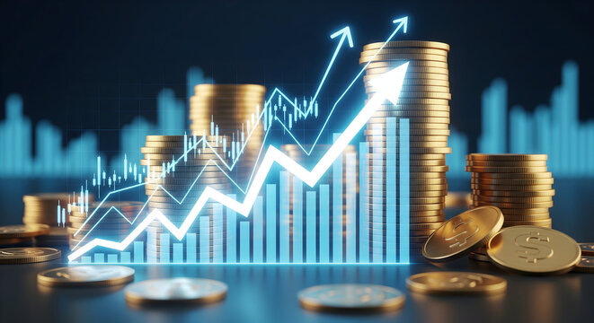 Stunning financial growth visualized with rising stock charts and stacks of gold coins