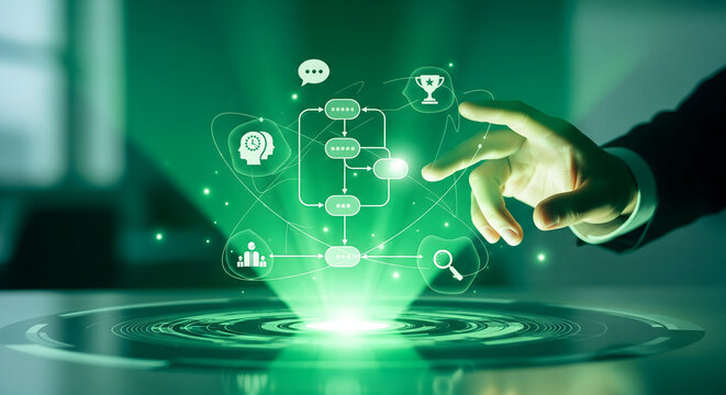 Business professional navigating dynamic digital strategy interface, optimizing workflow and achieving success