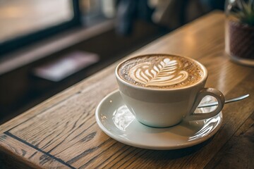 Latte Art - A Cappuccino's Delightful Design on Rustic Wood