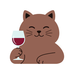 Cute brown cat holding a glass of red wine relaxing happily funny pet illustration vector
