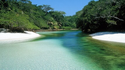 Idyllic tropical river flowing serenely into the ocean, lined with white sandy beaches and lush