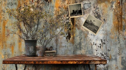 Vintage still life composition with rusted table, floral arrangement, and old photographs against