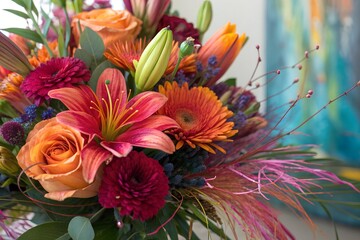 Vibrant Autumn Floral Arrangement Roses, Lilies, and Gerbera Daisies