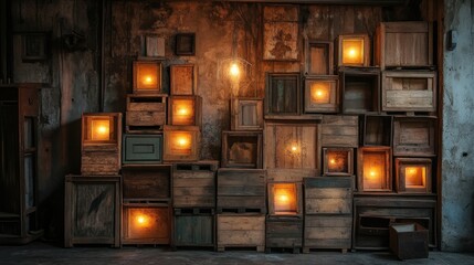 Illuminated wooden boxes display, with warm light, creating an industrial aesthetic and rustic