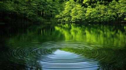 Verdant reflections and concentric ripples on a serene lake's surface within a lush green forest