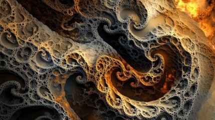Complex fractal rendering evoking organic textures with intricate and winding designs