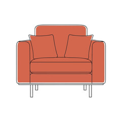 Modern orange armchair with plush pillows minimalist line art furniture design vector