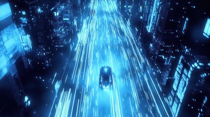 Futuristic automobile traverses a neon-lit metropolis with radiant streaks of light guiding the way