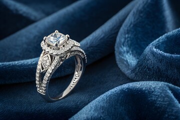 Elegant Diamond Engagement Ring on Blue Velvet -  Luxury Jewelry Photography