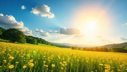 Obraz premium Golden Sunlight Bathes Vibrant Summer Landscape Feel the Warmth and Energy of a Perfect Cloudless Day, Ideal for Travel, Nature, and Summer-themed Projects.