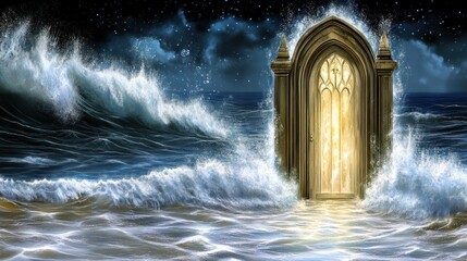 Surreal seascape with an illuminated doorway emerging from tumultuous ocean waves creating a