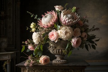 Elegant Pink & White Flower Arrangement - Proteas, Roses, and Peonies in Antique Urn