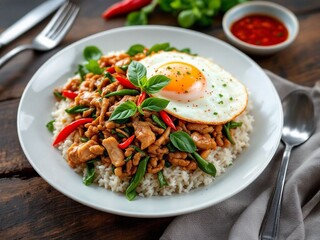 Stir-fried chicken with basil "pad ka praow" and fried egg on a white plate with chili fish sauce in a small cup.