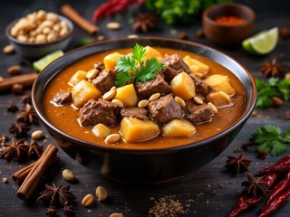 Traditional beef massaman curry served on a black plate with spices and beautifully decorated.
