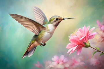 Fototapeta premium Hummingbird in Flight Near Pink Flowers a Delicate and Dreamy Spring Scene