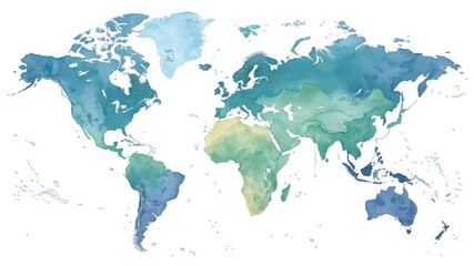 Aesthetic Watercolor World Map in Shades of Blue and Green Hues