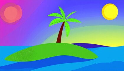 Fototapeta premium Silhouette palm tree on an island, against gradient sky with sun, abstract vector illustration