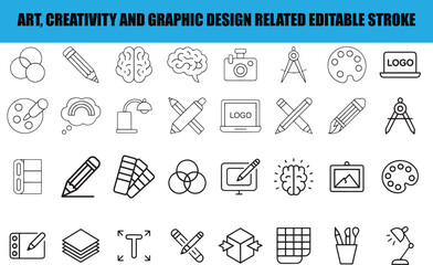 Art, creativity and graphic design related editable stroke outline icons set 