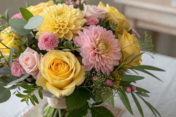 Elegant Yellow and Pink Flower Arrangement Roses, Dahlias, and More
