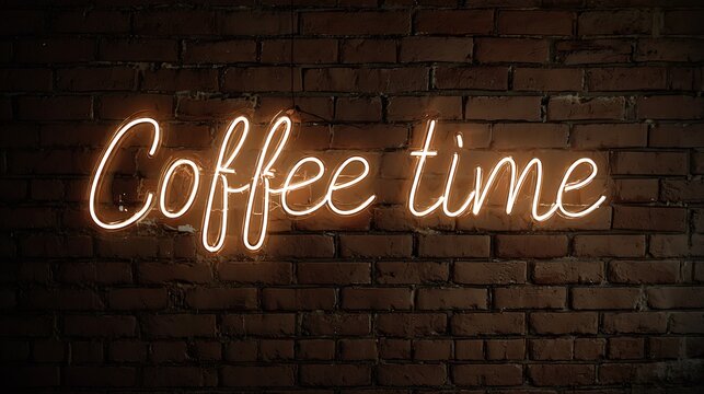 Illuminated Coffee Time Neon Sign on Dark Brown Brick Wall